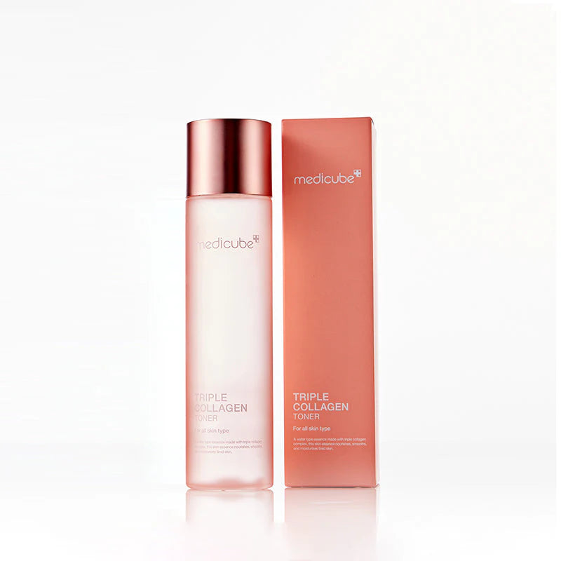 Medicube Triple Collagen Toner com embalagem exterior, frasco e caixa lado a lado