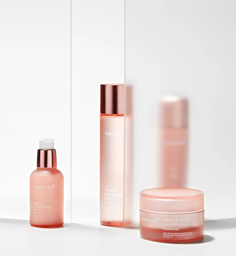Linha Medicube Triple Collagen: sérum, tónico e creme lado a lado