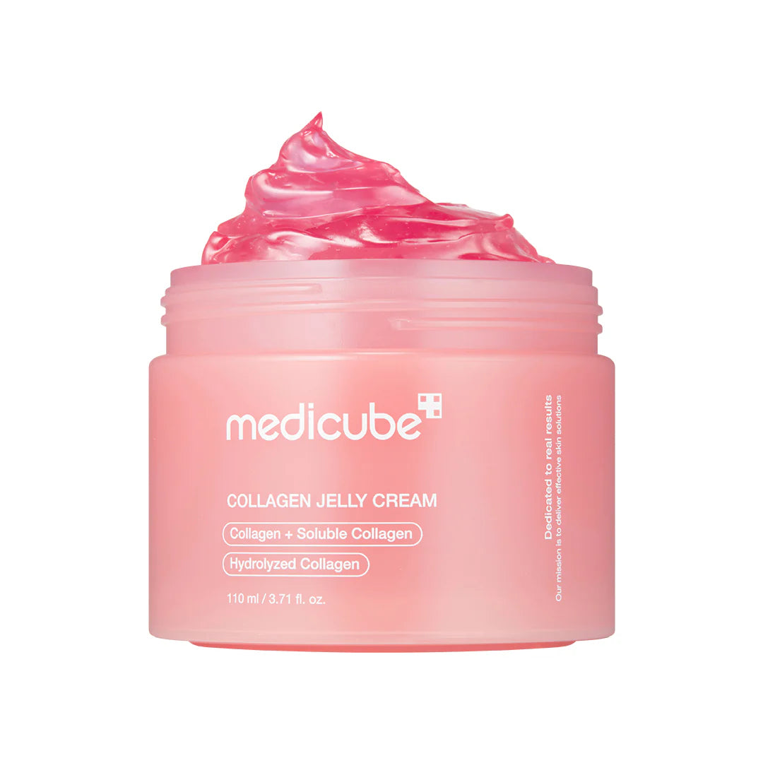 Frasco aberto do Medicube Collagen Jelly Cream com a textura rosa do gel-creme à vista