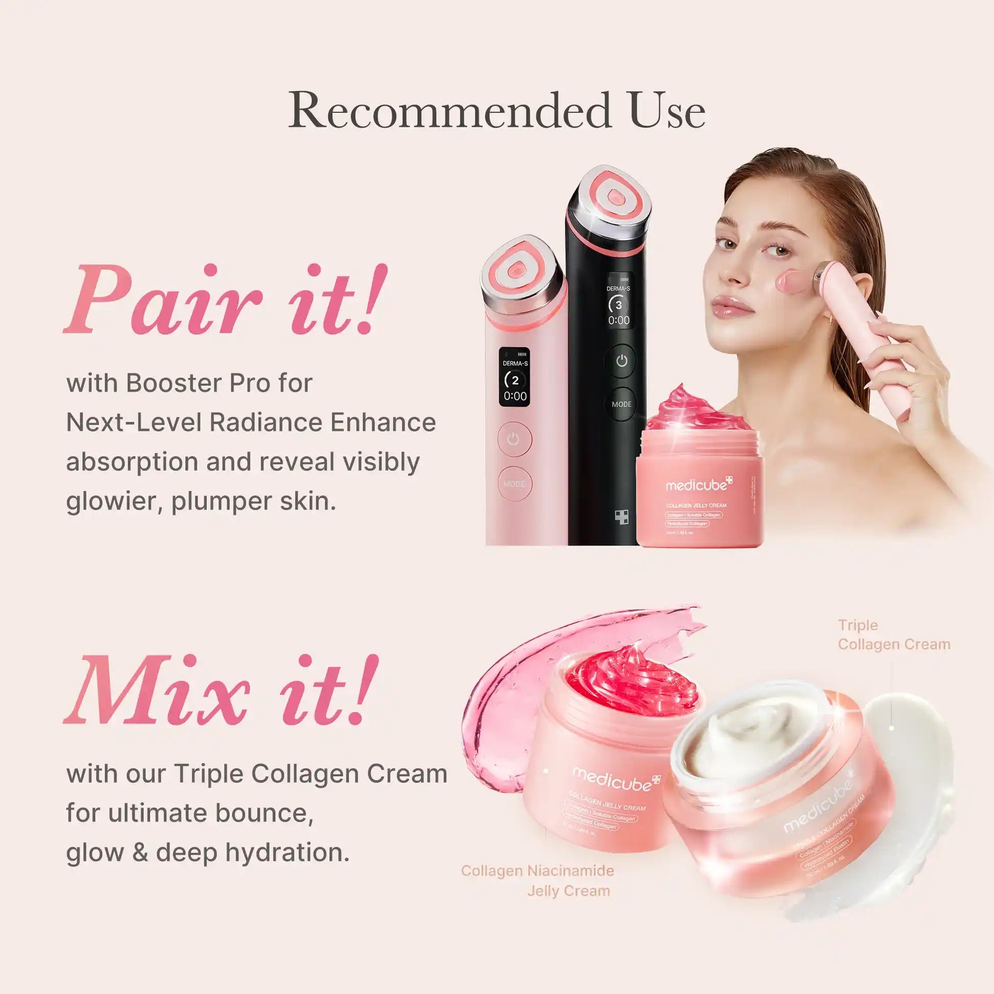 Infográfico Medicube Collagen Jelly Cream com dispositivo Booster Pro e associação ao Triple Collagen Cream — 107 caracteres