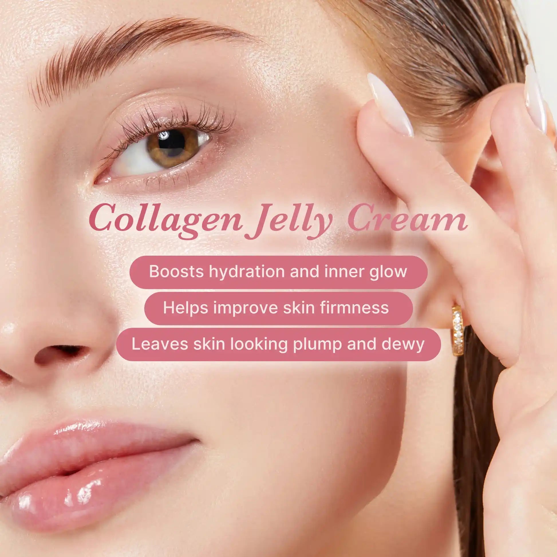 Rosto em close-up com o nome Collagen Jelly Cream e destaques de hidratação, firmeza e brilho da pele — 101 caracteres