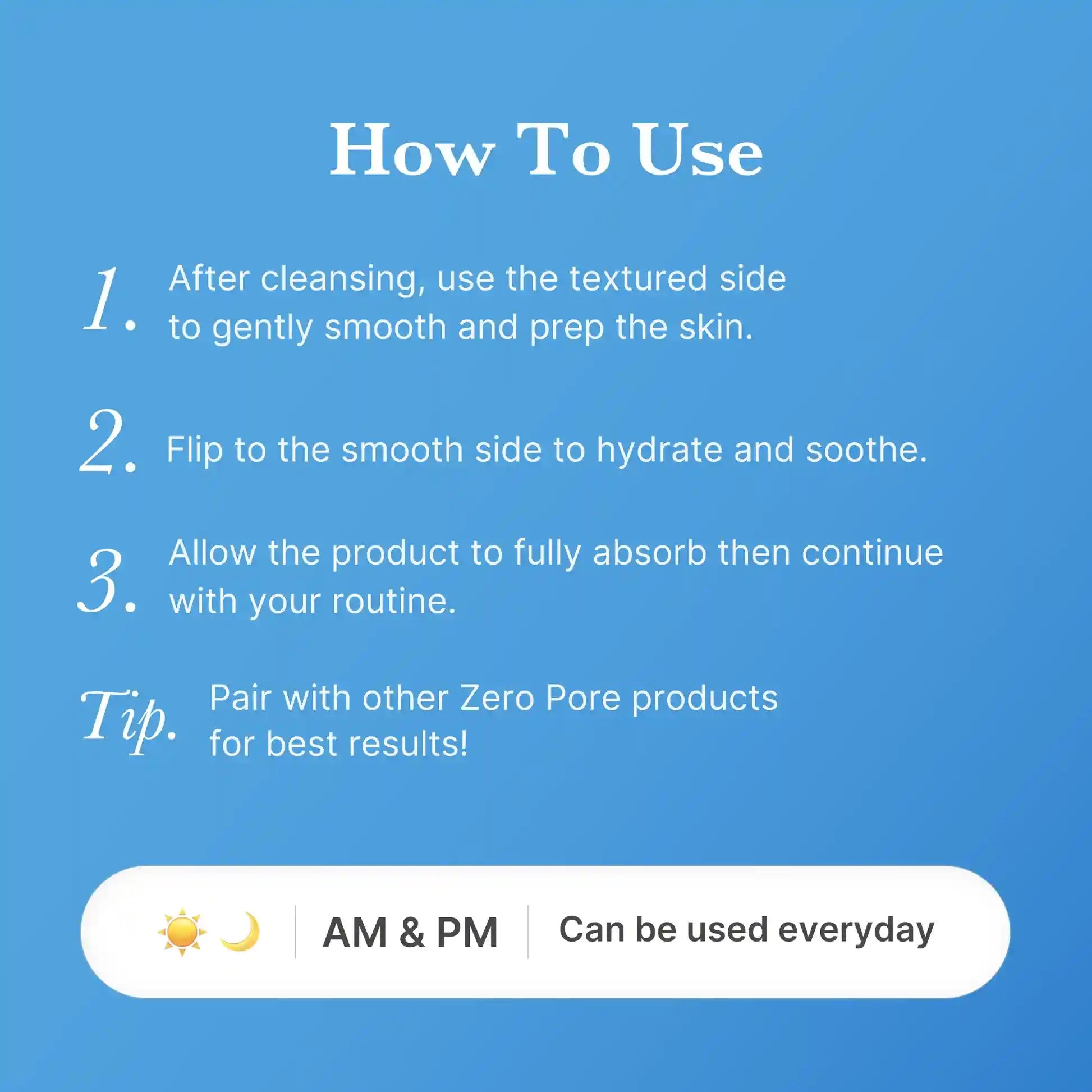 Infográfico Medicube: modo de uso do Zero Pore Pad Mild, lado texturizado e liso