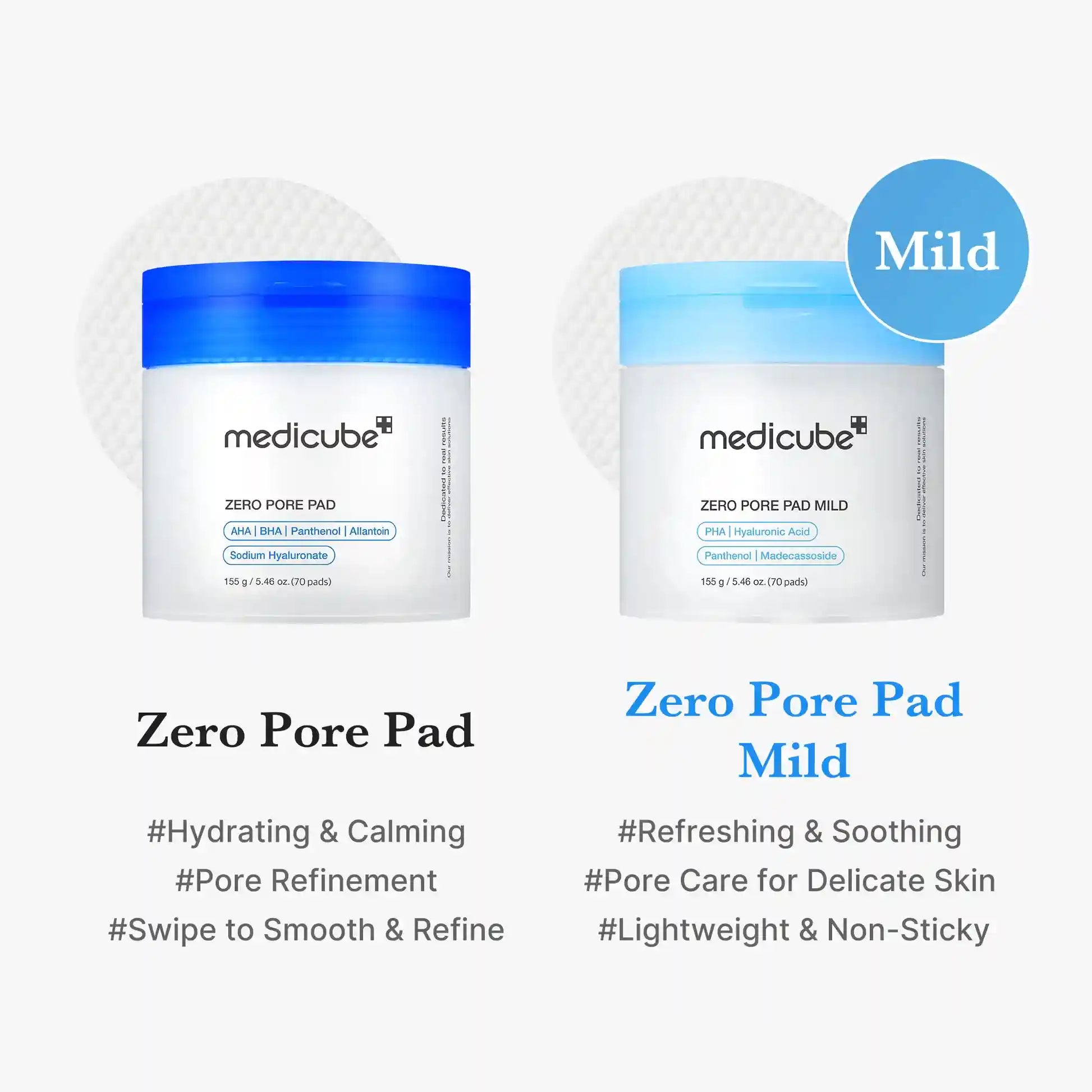 Comparação Medicube: Zero Pore Pad com AHA/BHA e Zero Pore Pad Mild com PHA