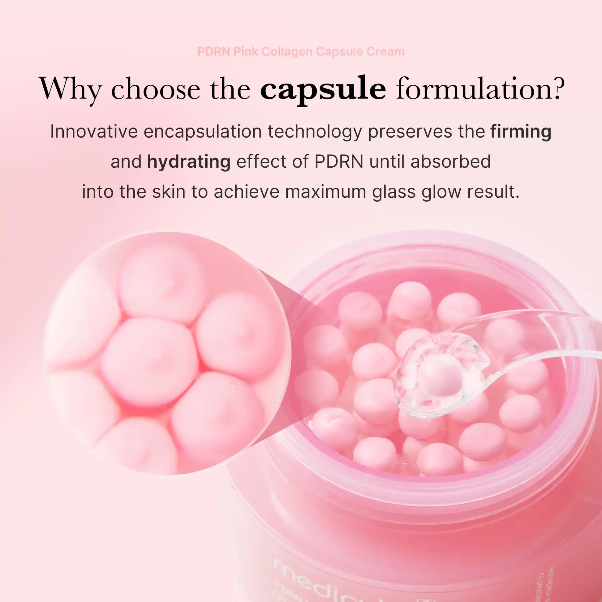 Infográfico sobre a tecnologia de encapsulamento do PDRN no Medicube Pink Collagen Capsule Cream