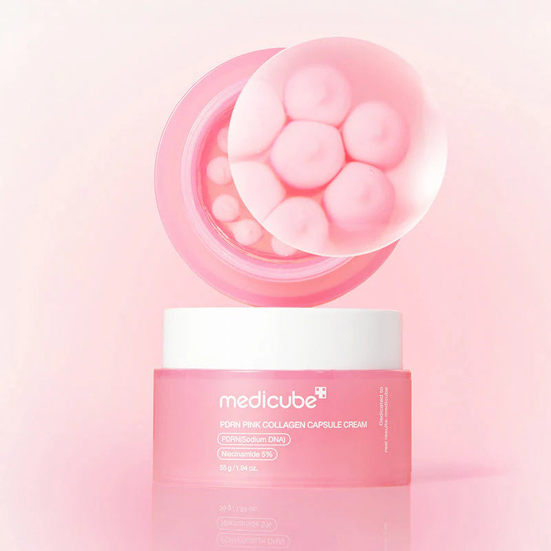 Tampa e frasco abertos do Medicube PDRN Pink Collagen Capsule Cream com cápsulas visíveis