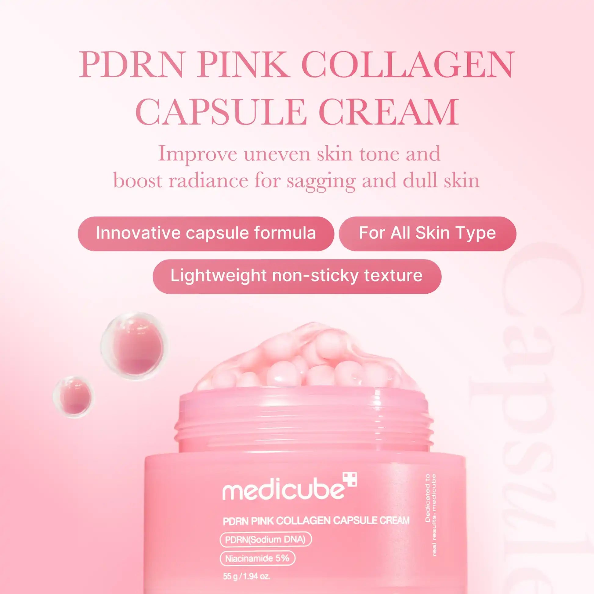 Infográfico do Medicube PDRN Pink Collagen Capsule Cream com fórmula em cápsulas e textura leve