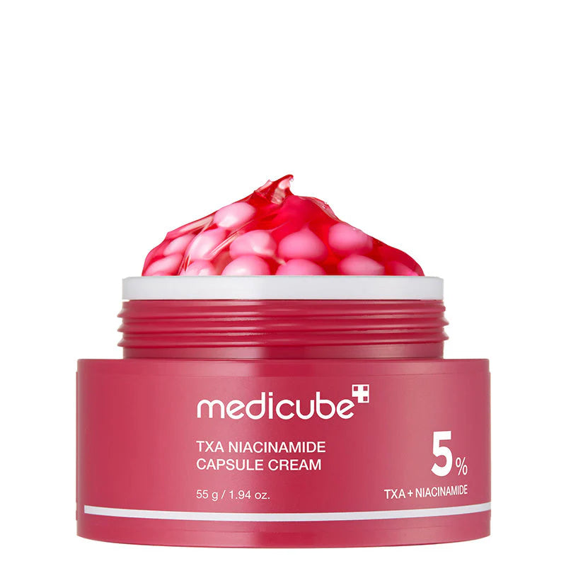 Medicube TXA Niacinamide Capsule Cream aberto, com textura em gel e cápsulas rosa no topo