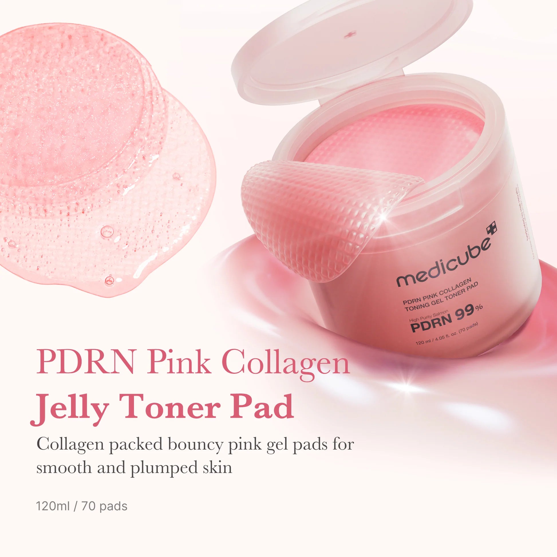 Disco de gel rosa translúcido com colagénio ao lado do frasco aberto da Medicube