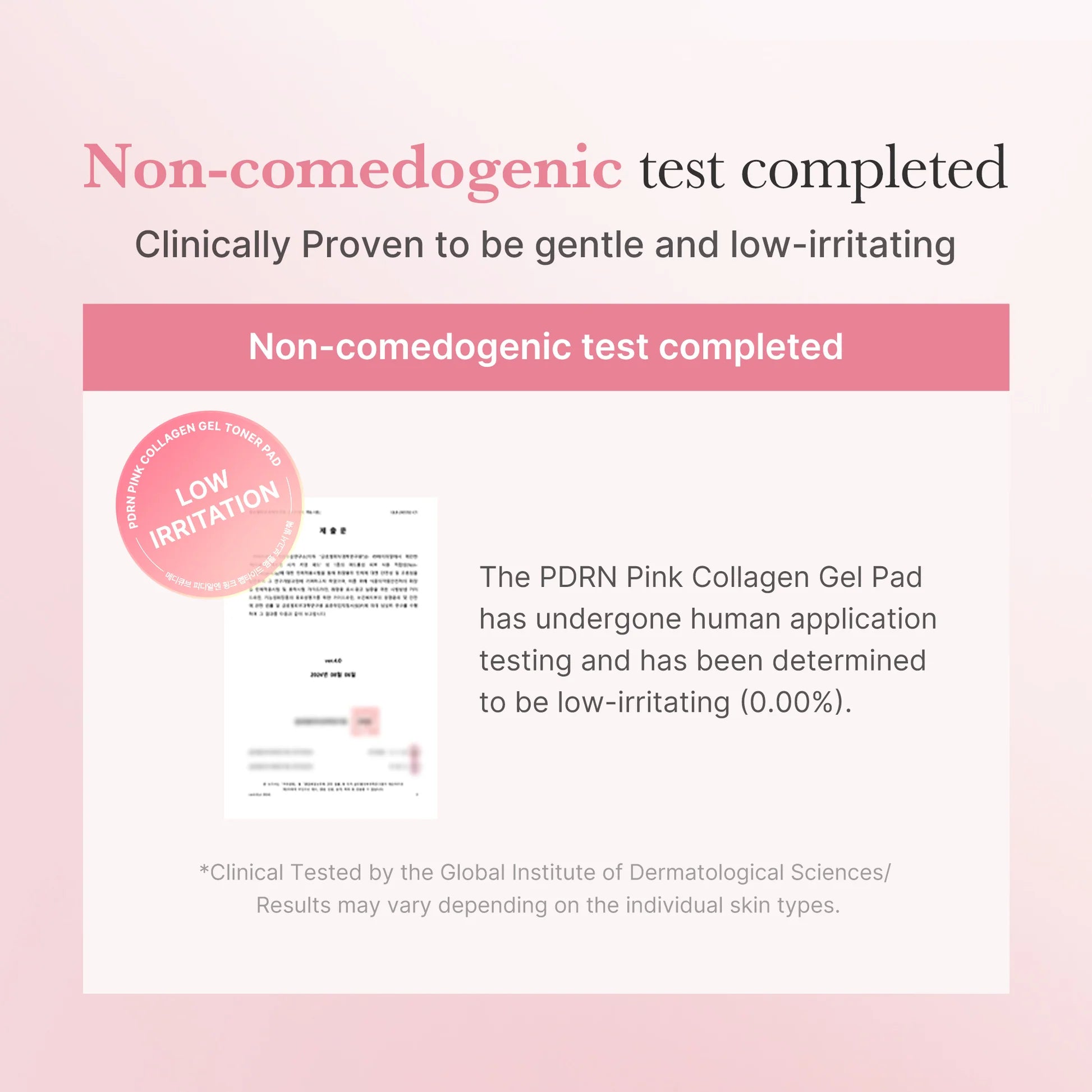Certificado de teste dermatológico não comedogénico e baixa irritação do produto