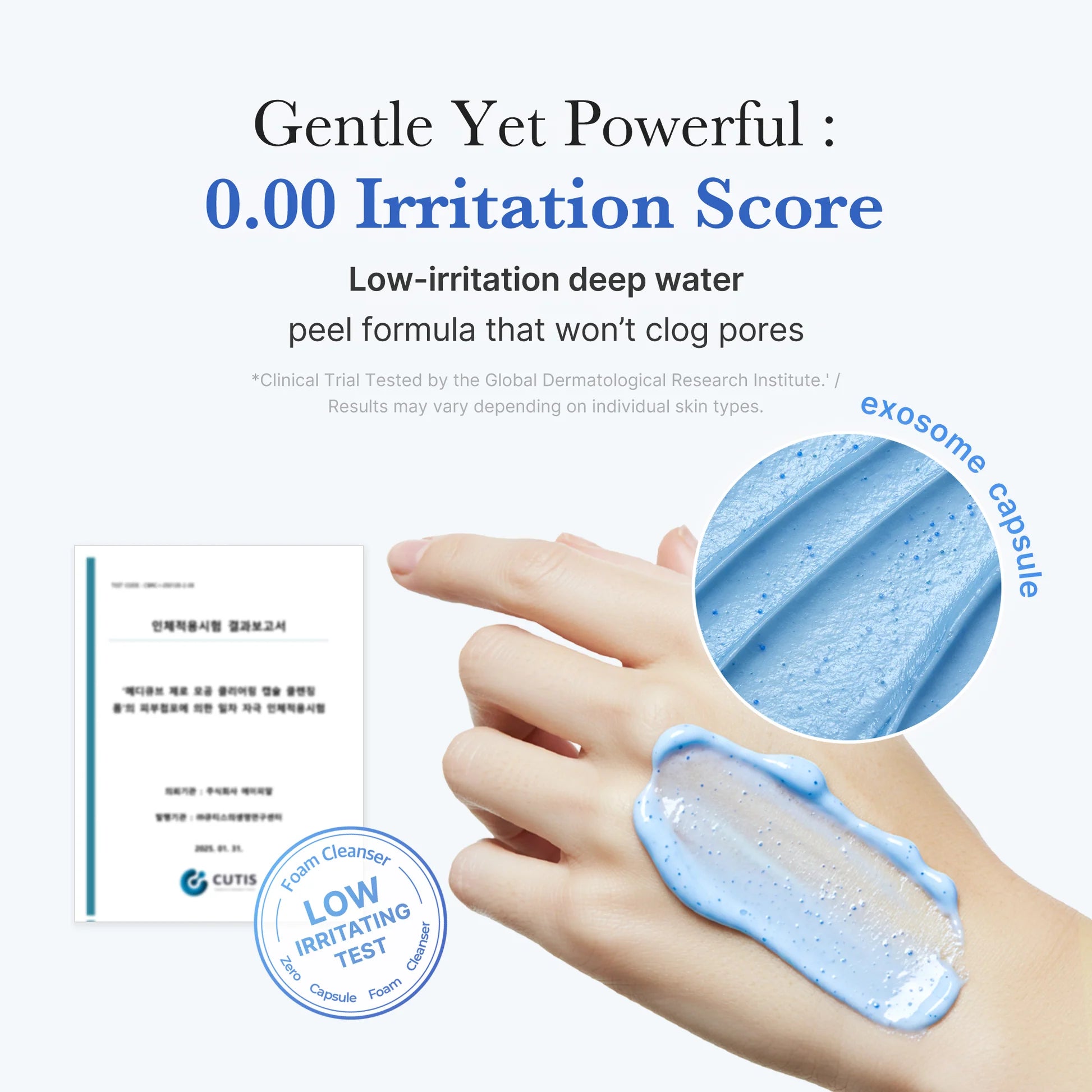 Infográfico com resultado de teste clínico de irritação e textura da espuma na mão
