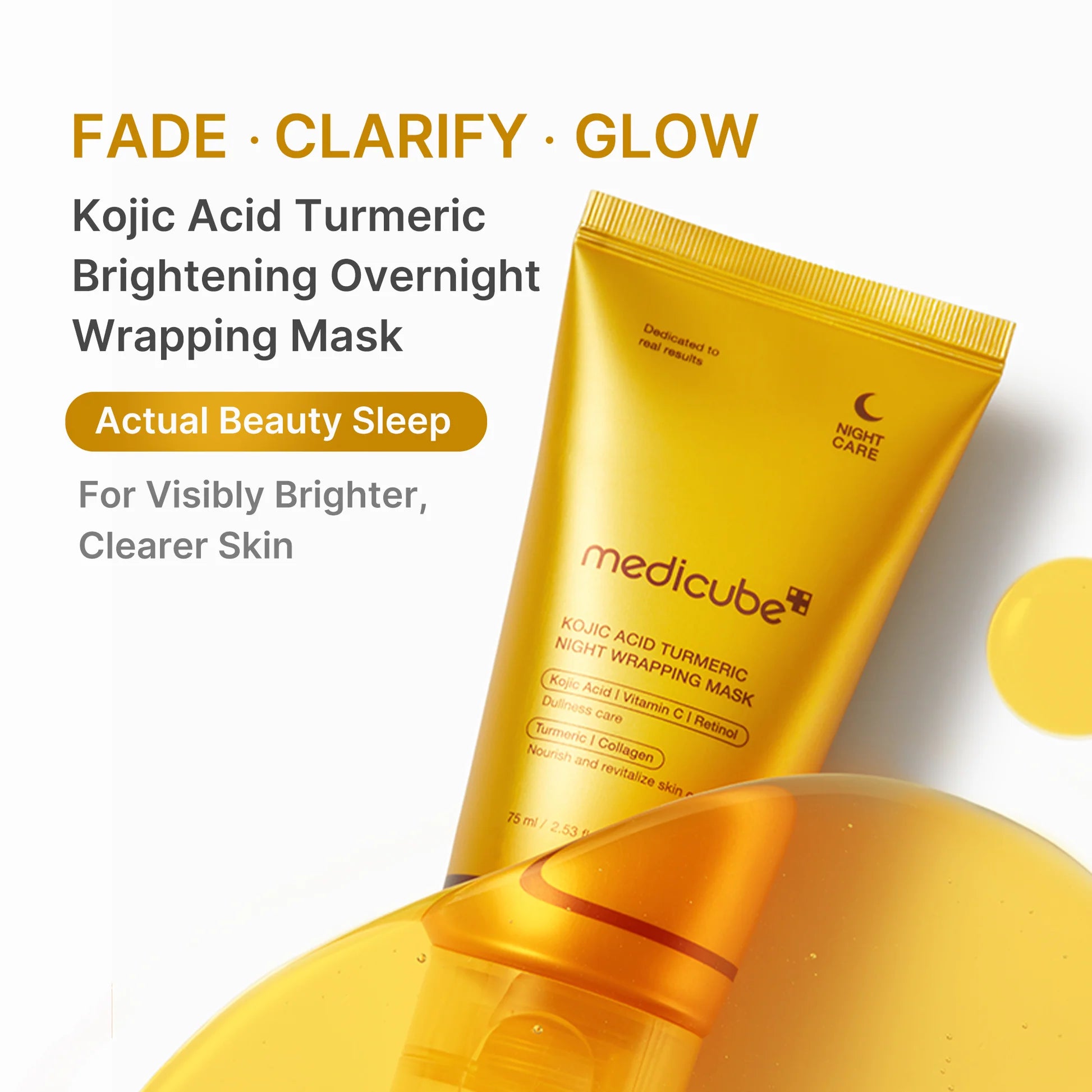 Infográfico Medicube Kojic Acid Turmeric: ilumina, uniformiza e clarifica o tom da pele à noite