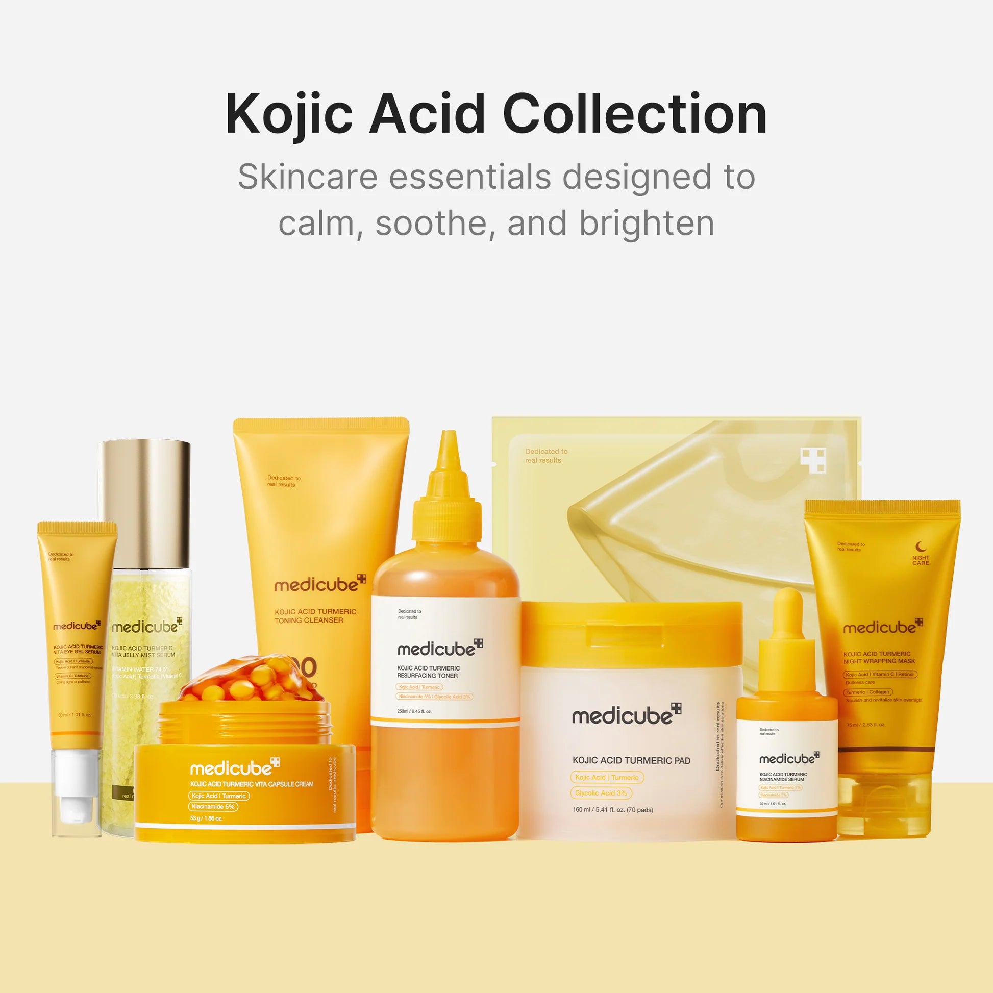 Linha Kojic Acid Turmeric da Medicube: sérum, tónico, creme, pads e máscara de noite