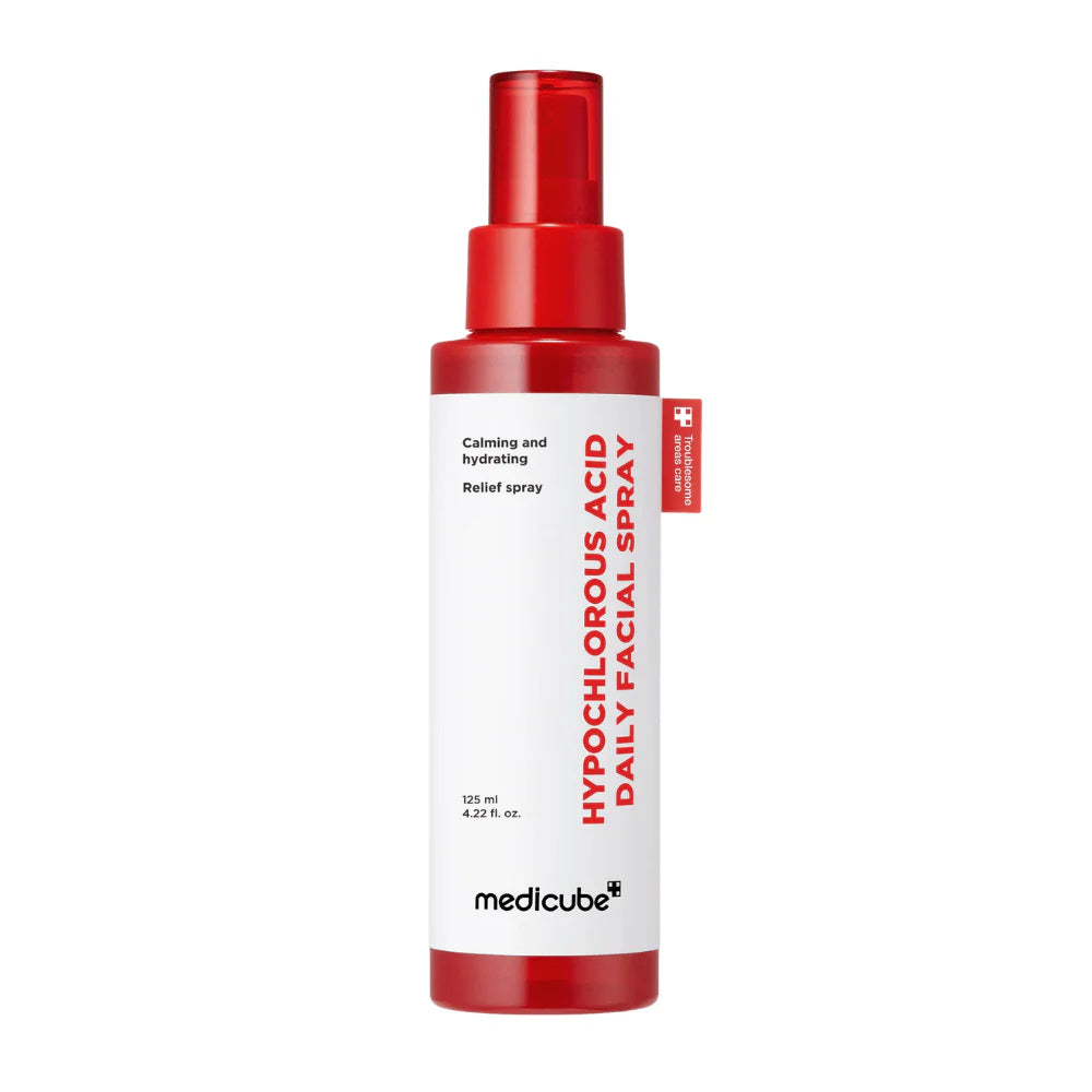 Frasco spray vermelho e branco do Medicube Hypochlorous Acid Daily Facial Spray 125ml