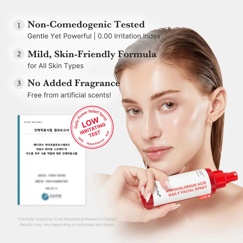 Infográfico com testes clínicos do spray Medicube: não comedogénico e sem perfume