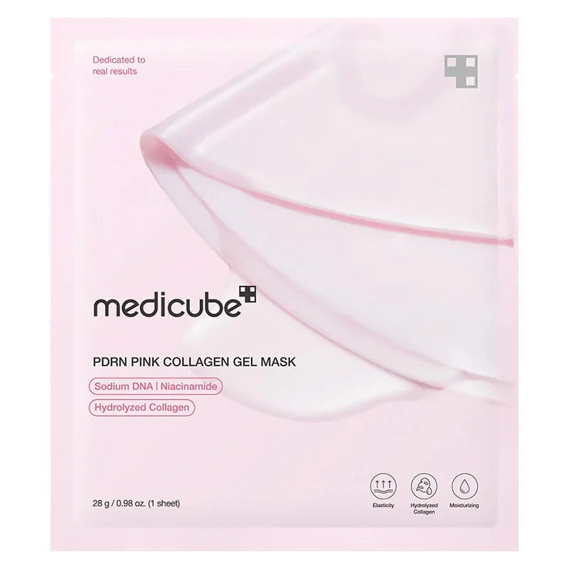 Embalagem da Medicube PDRN Pink Collagen Gel Mask com a folha da máscara em gel visível