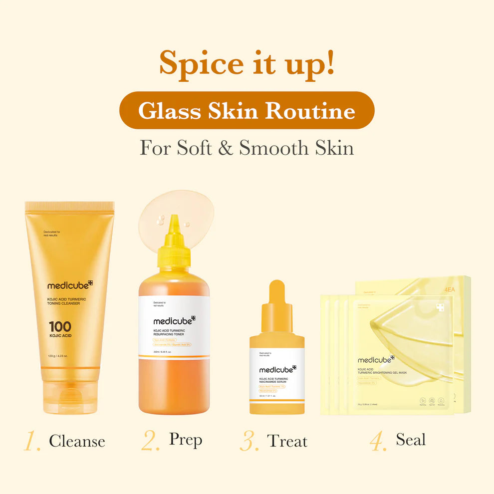 Rotina de 4 passos da linha Kojic Acid Turmeric: limpeza, tónico, sérum e máscara