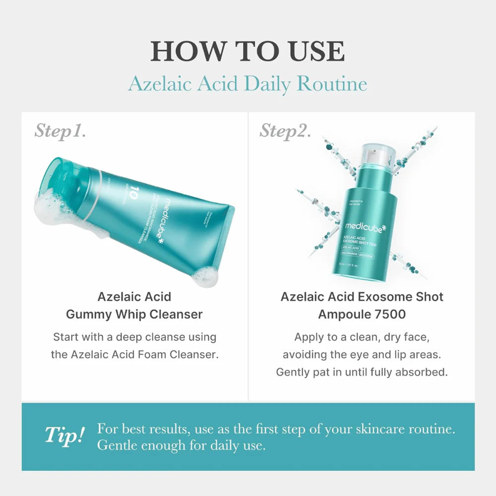 Rotina de aplicação: gel de limpeza e sérum Azelaic Acid Exosome Shot 7500