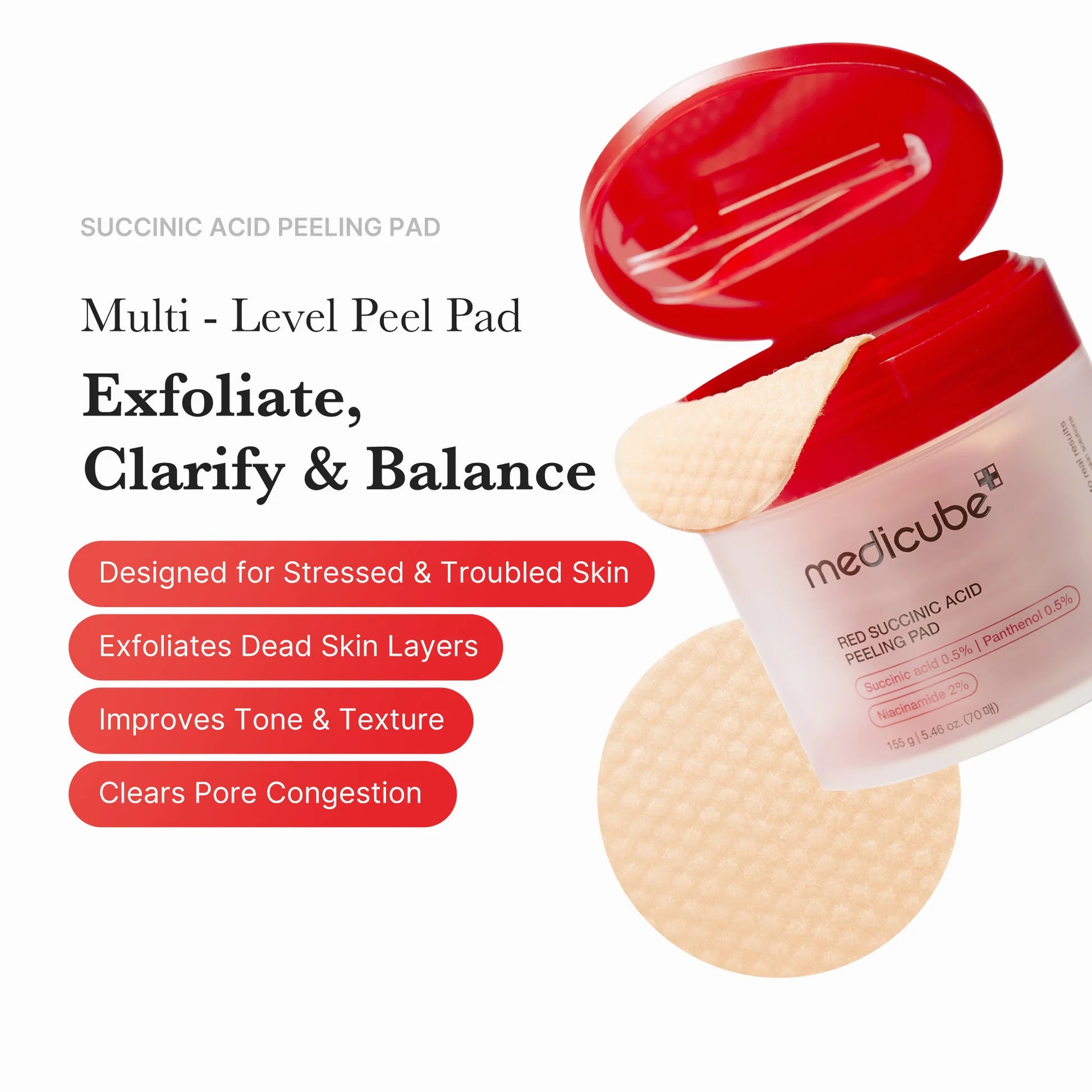Medicube Red Succinic Acid Panthenol Pads com ácido succínico – disco tónico esfoliante