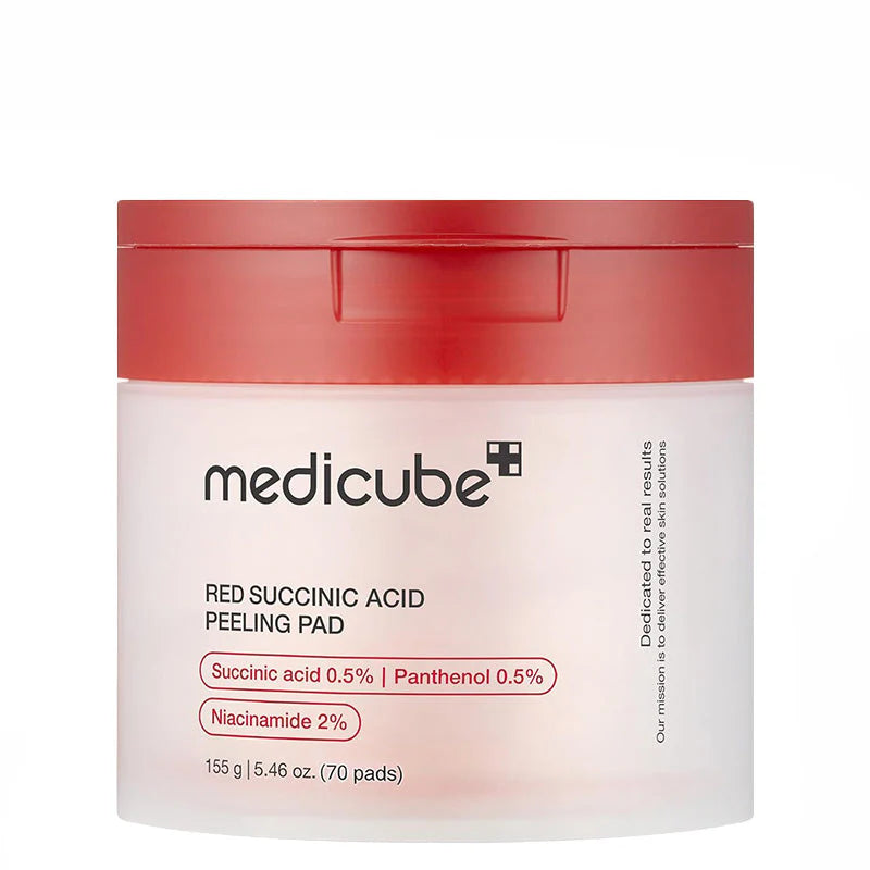Embalagem do Medicube Red Succinic Acid Panthenol Pads, frasco com tampa vermelha
