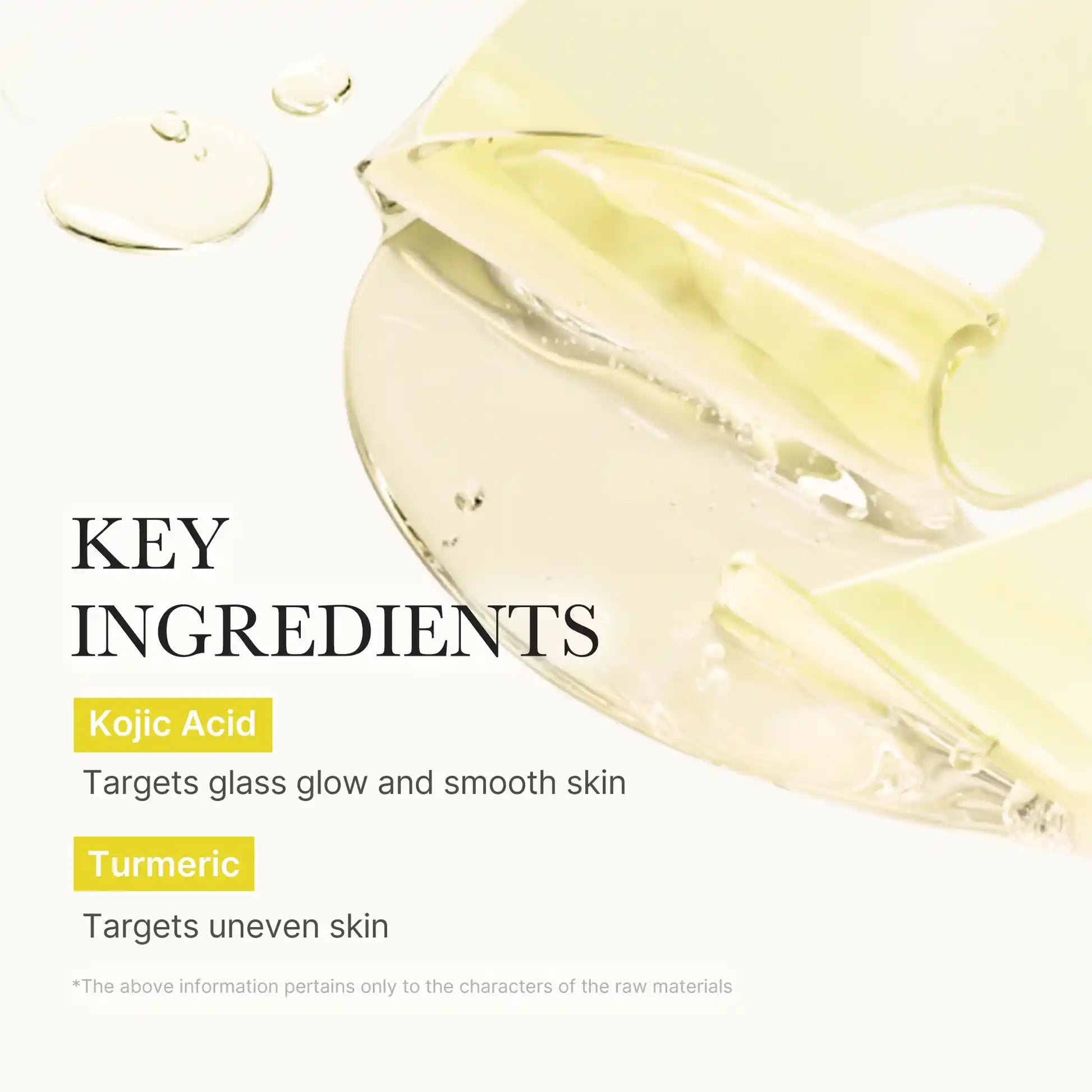 Infográfico dos ingredientes-chave: ácido kójico e cúrcuma com textura em gel