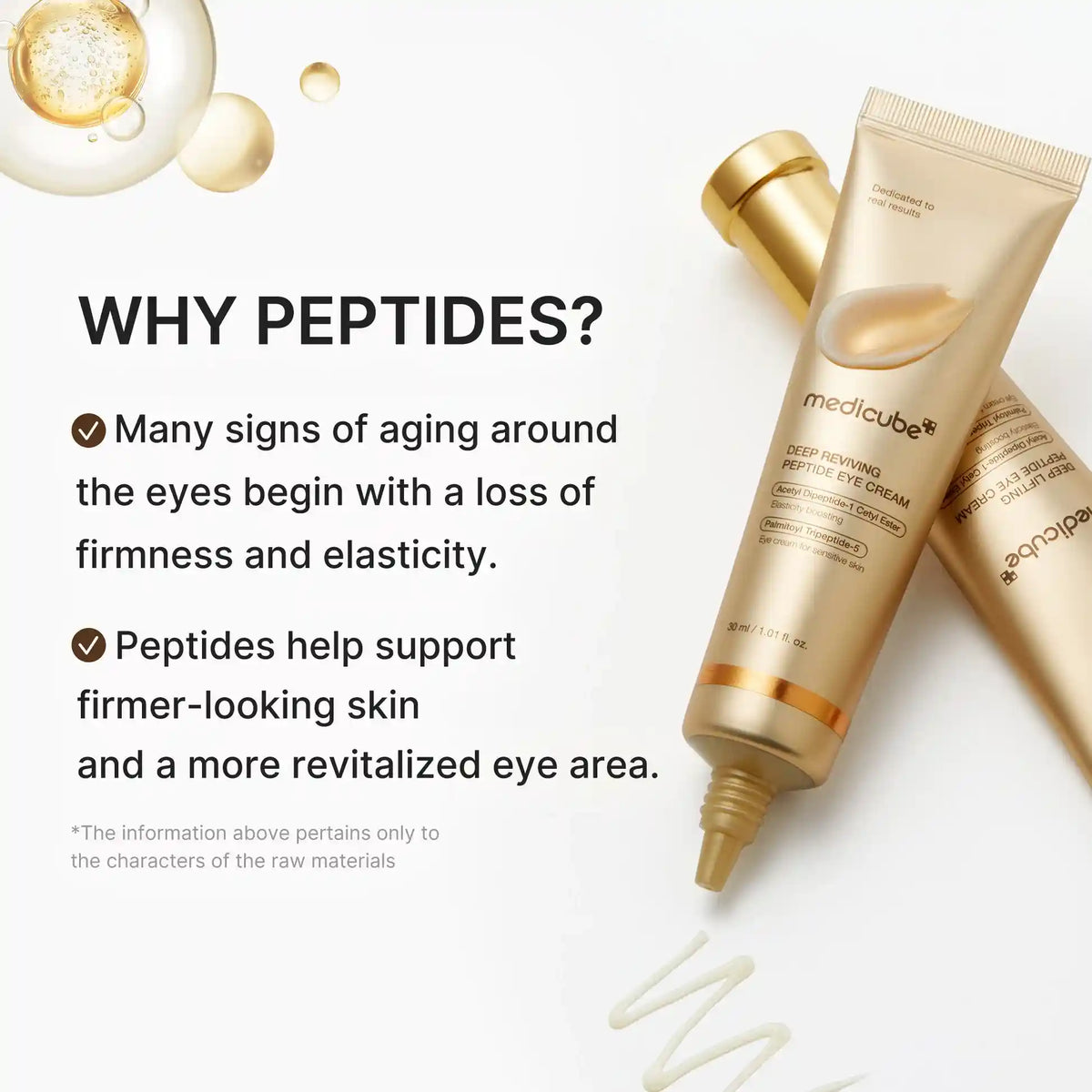 Tubo dourado aberto e amostra de creme ao lado do texto sobre péptidos e a firmeza da pele à volta dos olhos