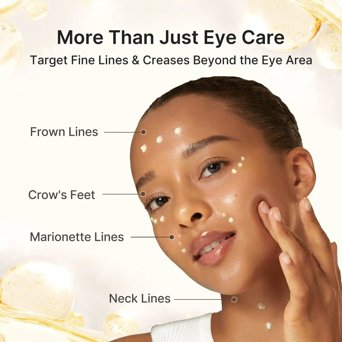 Rosto com pontos de creme na testa, contorno dos olhos, sulcos da boca e pescoço, zonas de aplicação indicadas