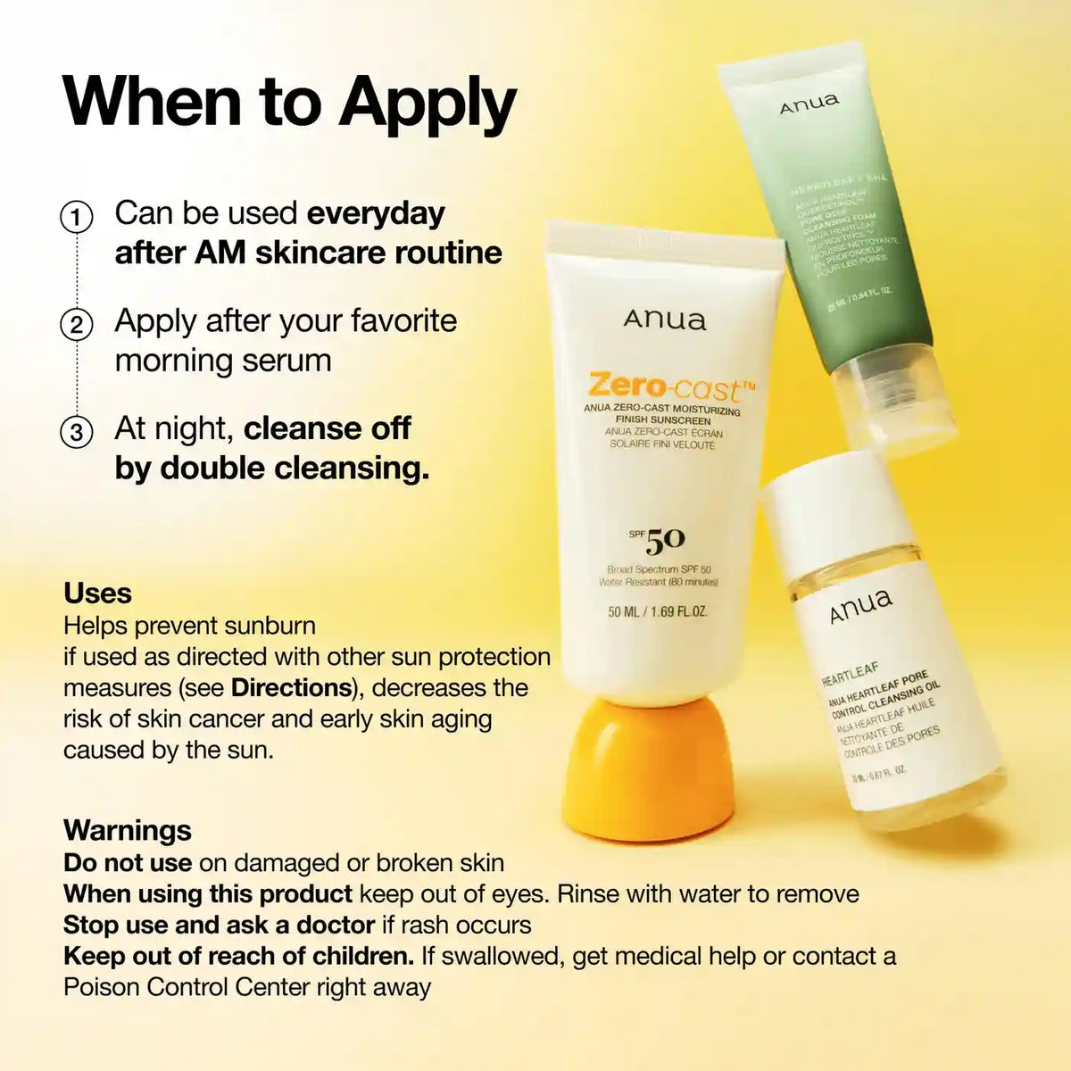 Anua Zero-Cast Sunscreen com produtos Heartleaf, infográfico sobre quando aplicar e avisos de uso