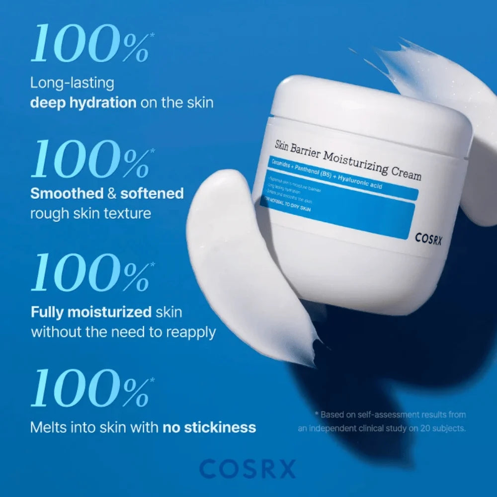 Textura cremosa do COSRX Skin Barrier Moisturizing Body Cream, boião com creme espalhado