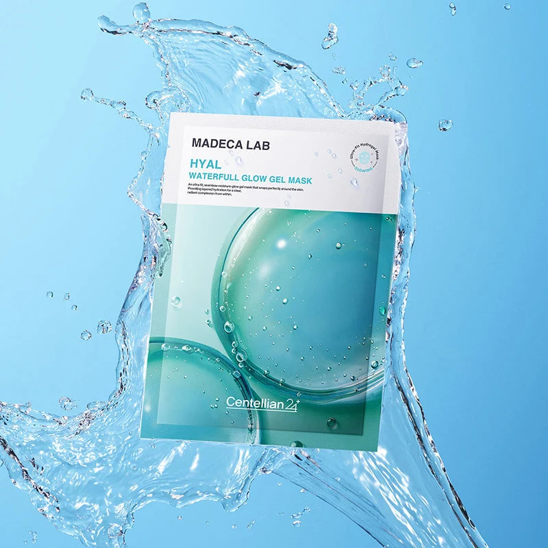 Embalagem da Centellian24 Hyal Waterfull Glow Gel Mask com respingos de água ao fundo
