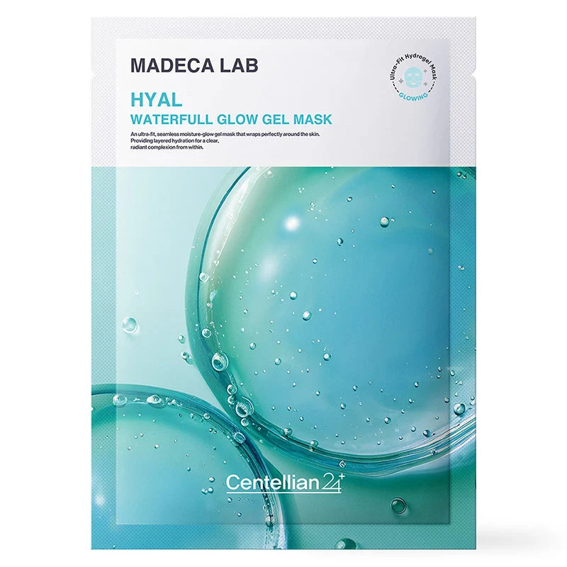 Embalagem da Centellian24 Madeca Lab Hyal Waterfull Glow Gel Mask em fundo liso
