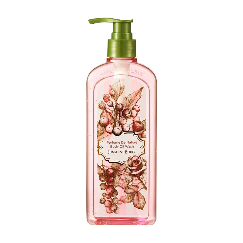 Frasco de óleo de duche Nature Republic Sunshine Berry, vista frontal, fundo branco, doseador verde
