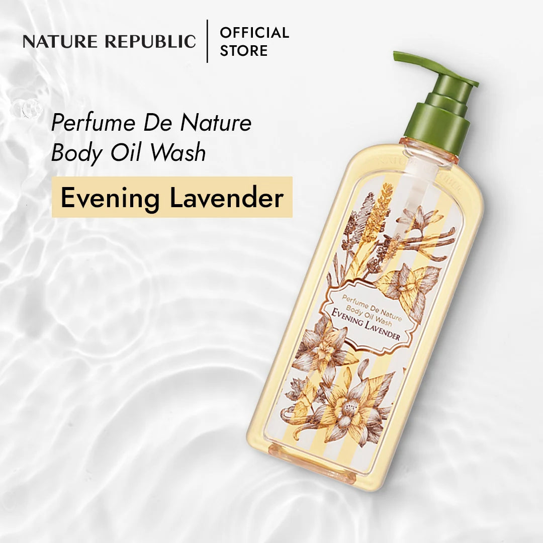 Nature Republic Official Store: banner do Perfume De Nature Body Oil Wash Evening Lavender sobre água