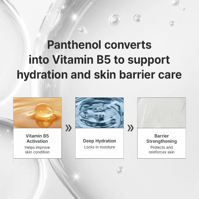 Esquema do Pantenol convertido em vitamina B5 para hidratação e reforço da barreira