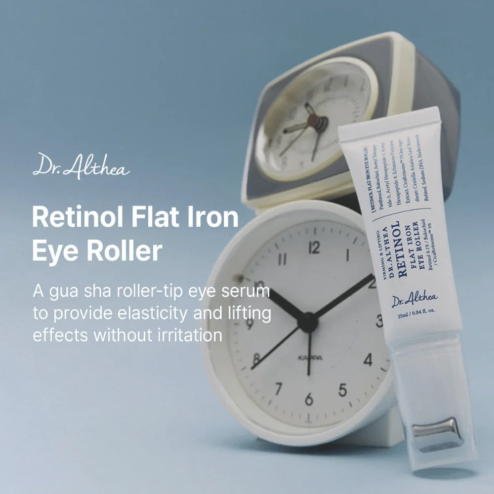 Roller de olhos Dr. Althea junto a relógios, com texto sobre elasticidade e efeito lifting