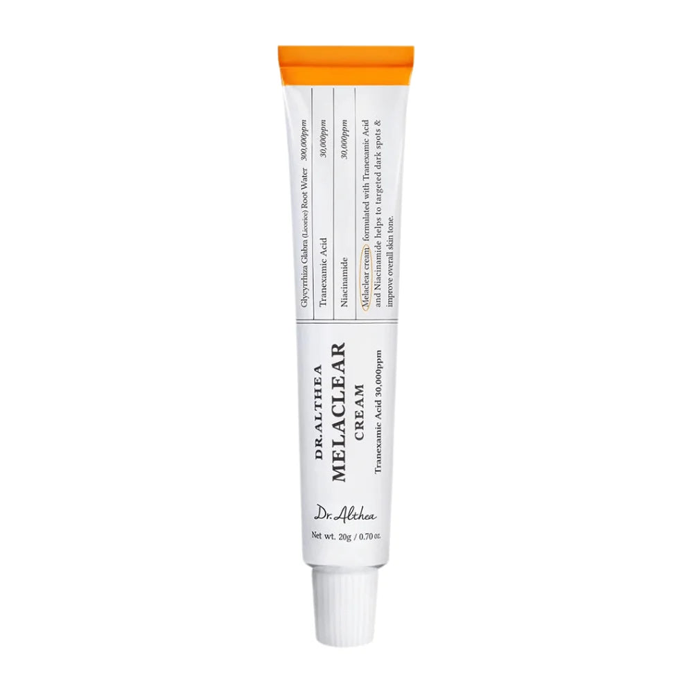 Dr. Althea Melaclear Cream 20g, creme facial com ácido tranexâmico e niacinamida, tubo branco com tampa laranja