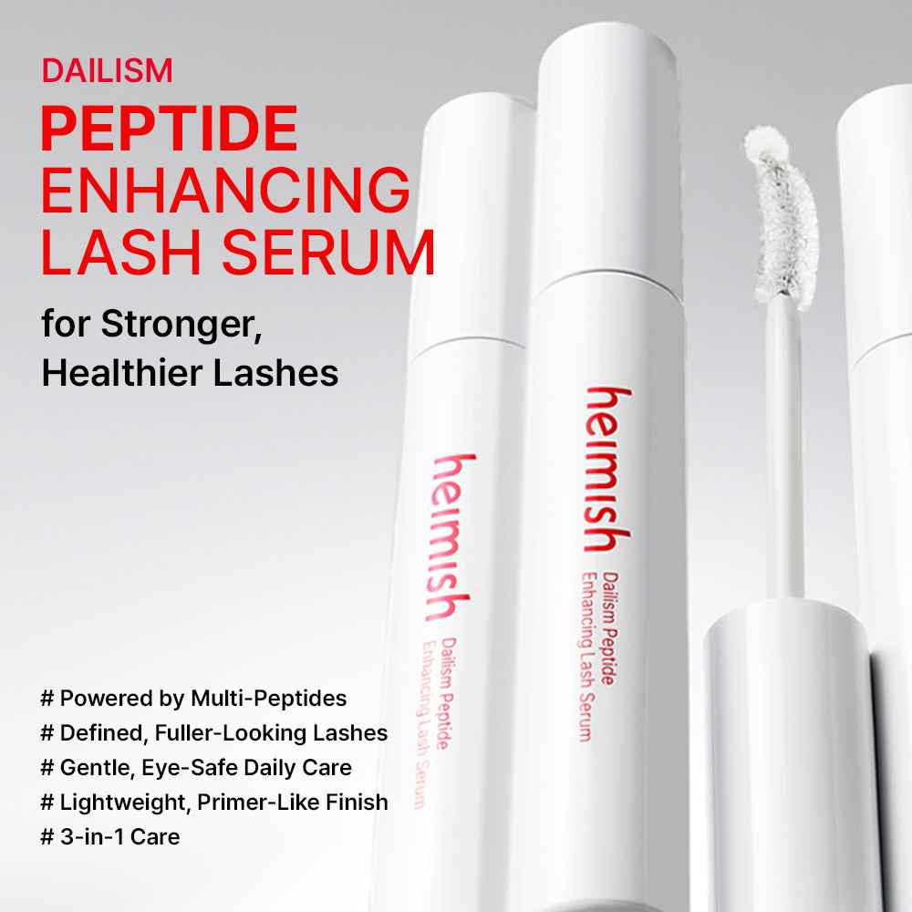Infográfico com lista de benefícios do Heimish Dailism Lash Serum e embalagens do produto