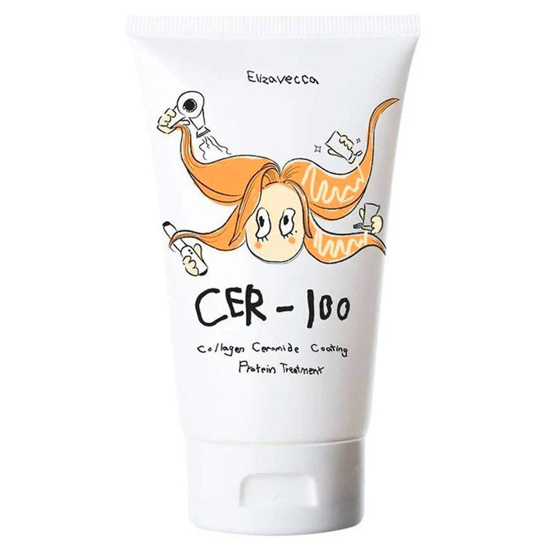 Tubo branco do CER-100 com ilustração de cabelo laranja, vista frontal