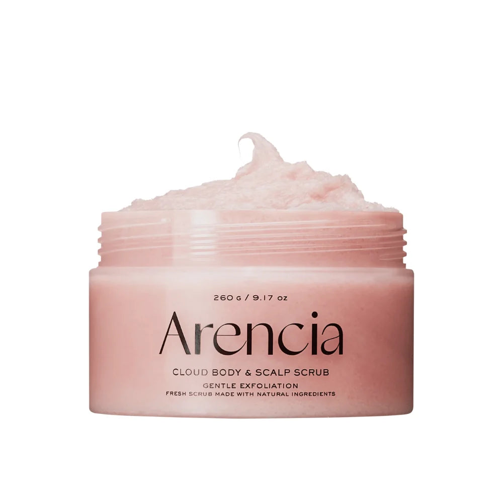 Frasco cor-de-rosa do Arencia Fresh Cloud aberto, mostrando a textura fofa do produto
