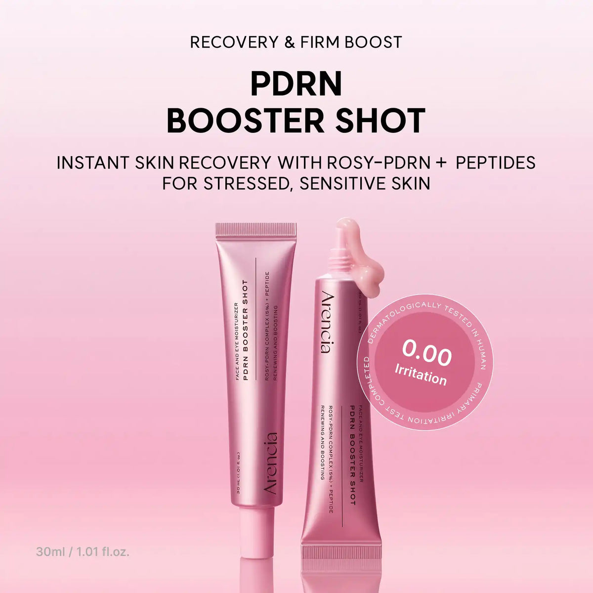 Creme Arencia PDRN Booster Shot com selo de teste dermatológico e péptidos