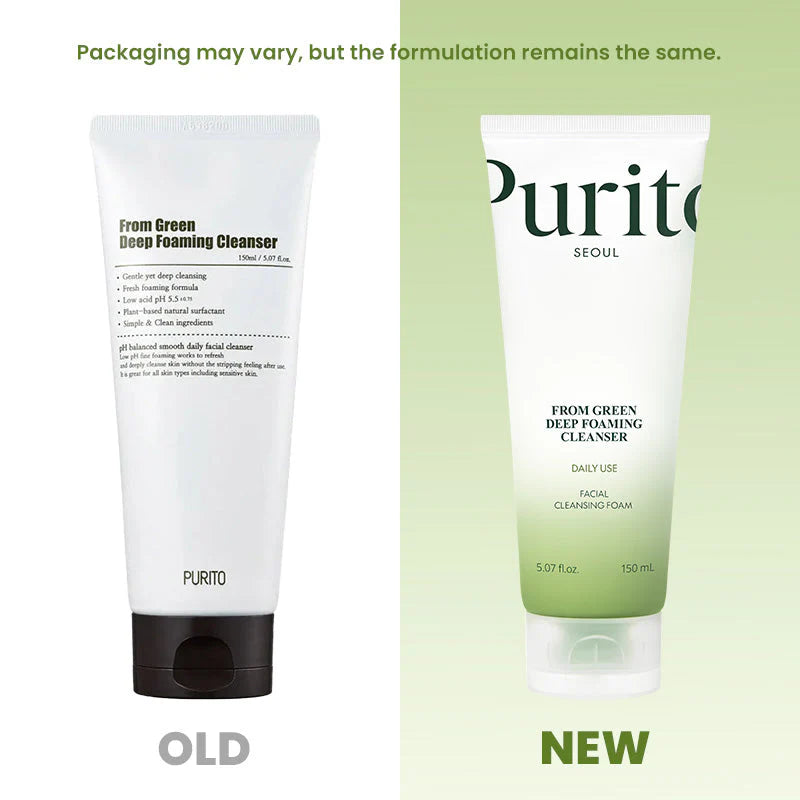Purito Seoul From Green Deep Foaming Cleanser comparação embalagem antiga e nova mesma formulação 150ml