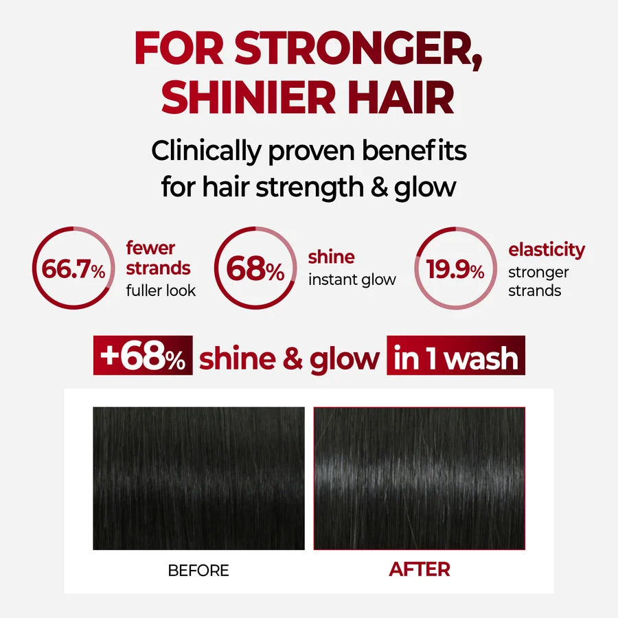 Infográfico com gráficos circulares e fotografias de cabelo preto antes e depois, sobre brilho e elasticidade