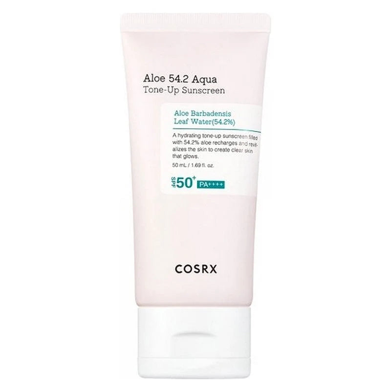 COSRX Aloe 54.2 Aqua Tone-Up Sunscreen, embalagem frontal em fundo branco liso