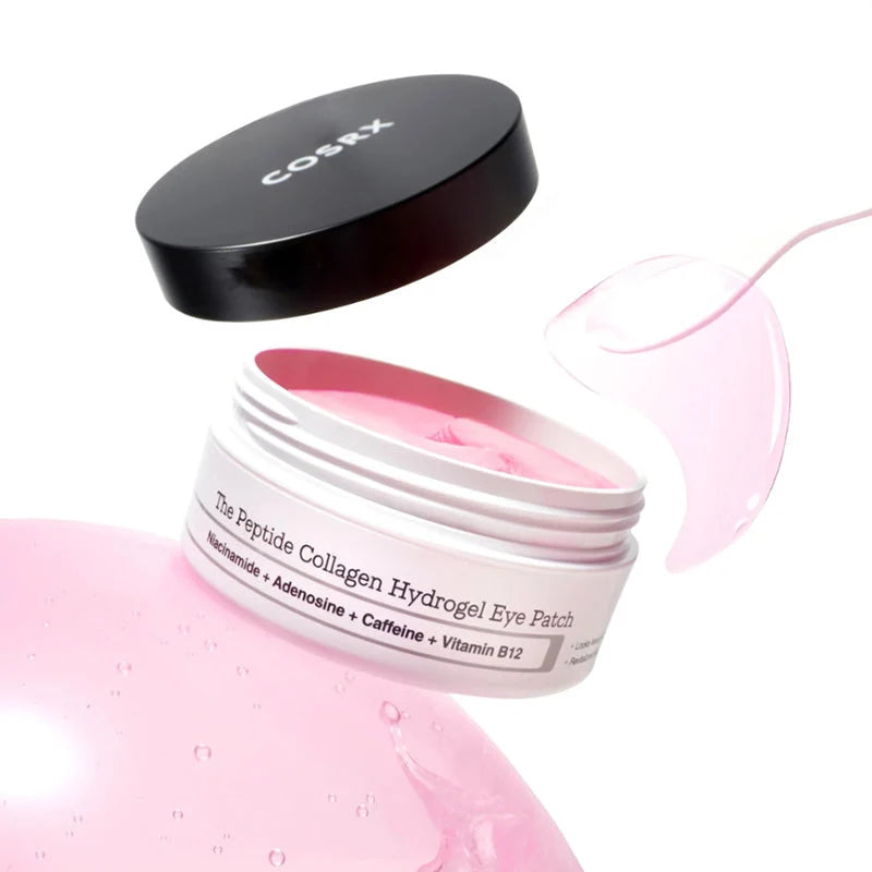 Frasco aberto do COSRX Peptide Collagen Eye Patch com patch de hidrogel rosa a destacar-se da tampa