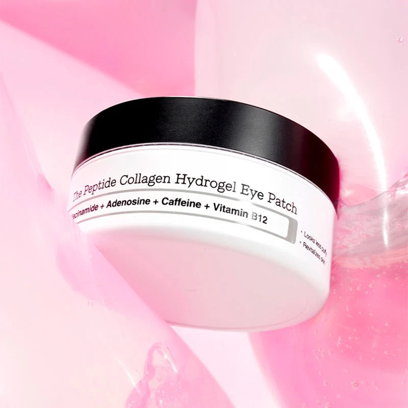Frasco fechado do COSRX Peptide Collagen Eye Patch sobre fundo rosa translúcido ondulado