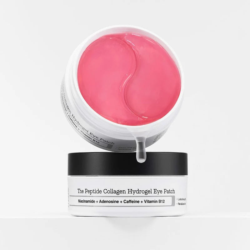 Vista superior do frasco aberto com os patches de hidrogel rosa do COSRX Peptide Collagen Eye Patch
