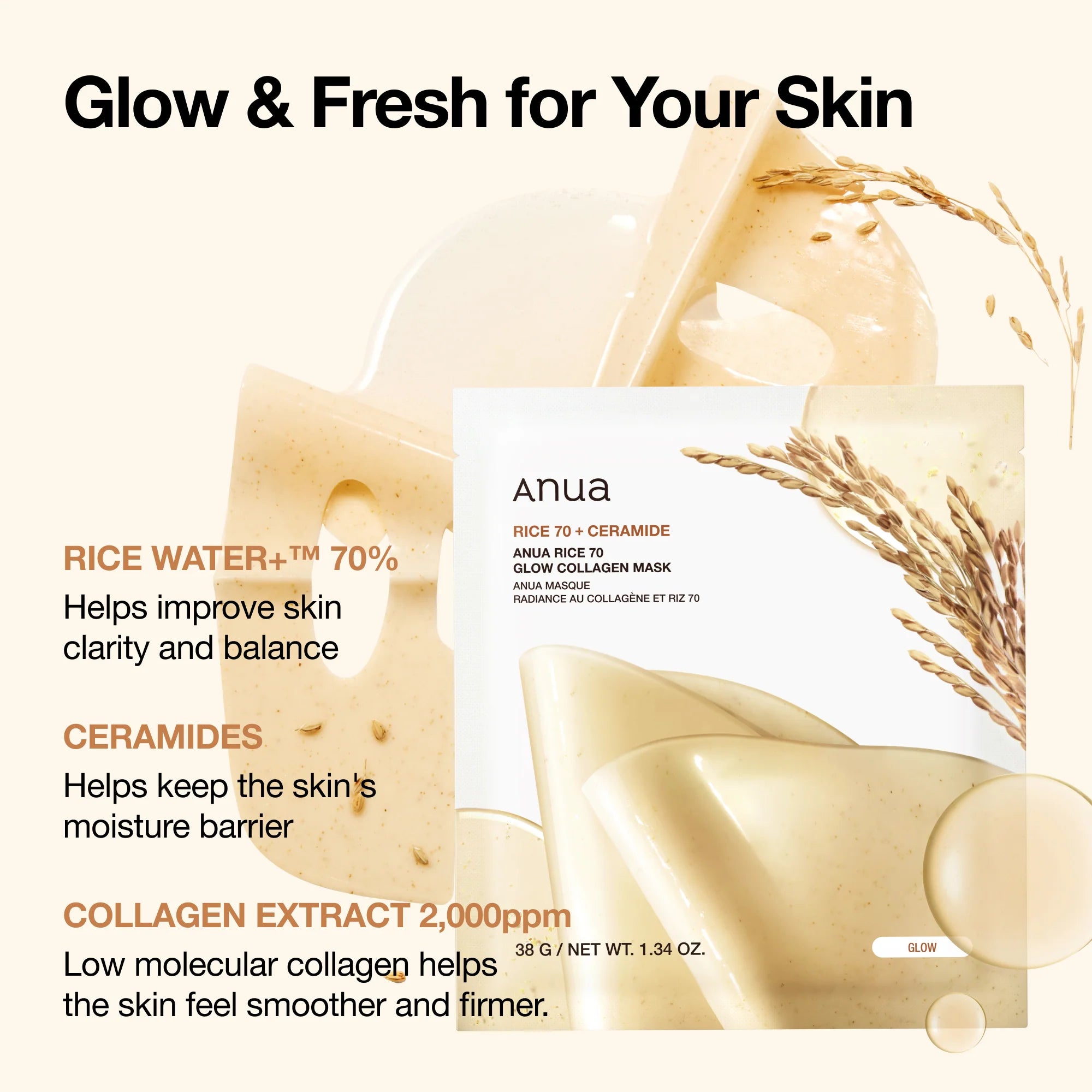 Anua Rice 70 Glow Collagen Mask | Máscara Hidrogel K-Beauty — imagem 4