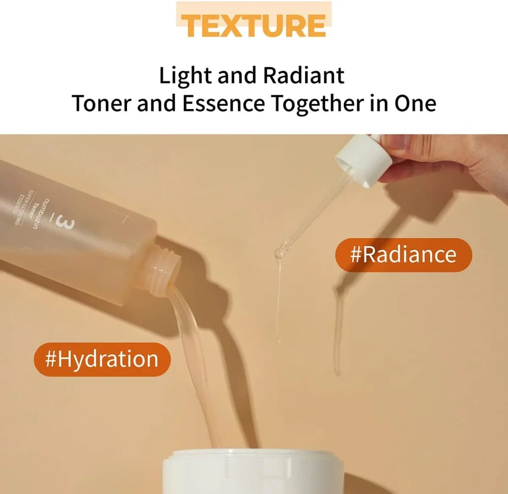 Infográfico com textura líquida do tónico e da essência do numbuzin No.3 combinados num só produto