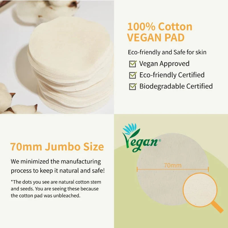 Infográfico dos discos de algodão vegan numbuzin No.3, tamanho jumbo de 70mm