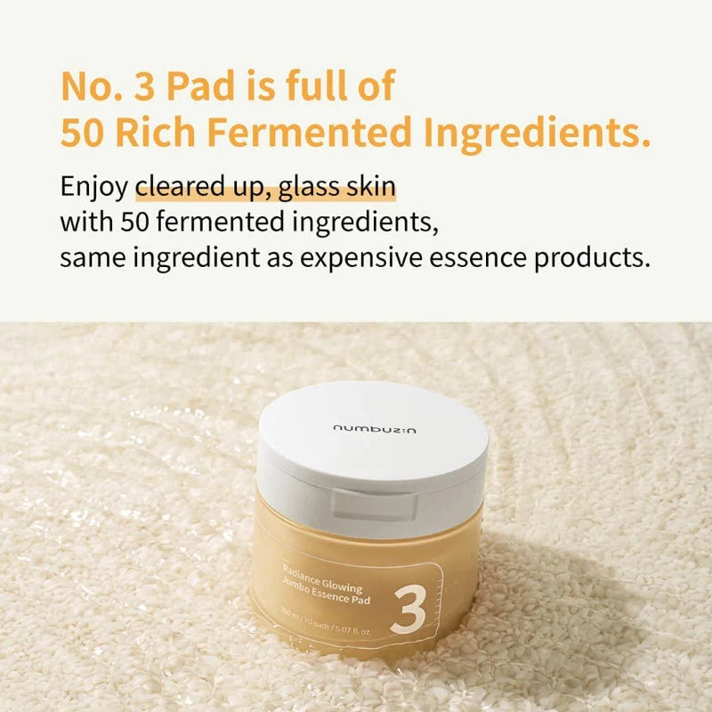 Infográfico com destaque para os 50 ingredientes fermentados do numbuzin No.3 Essence Pad