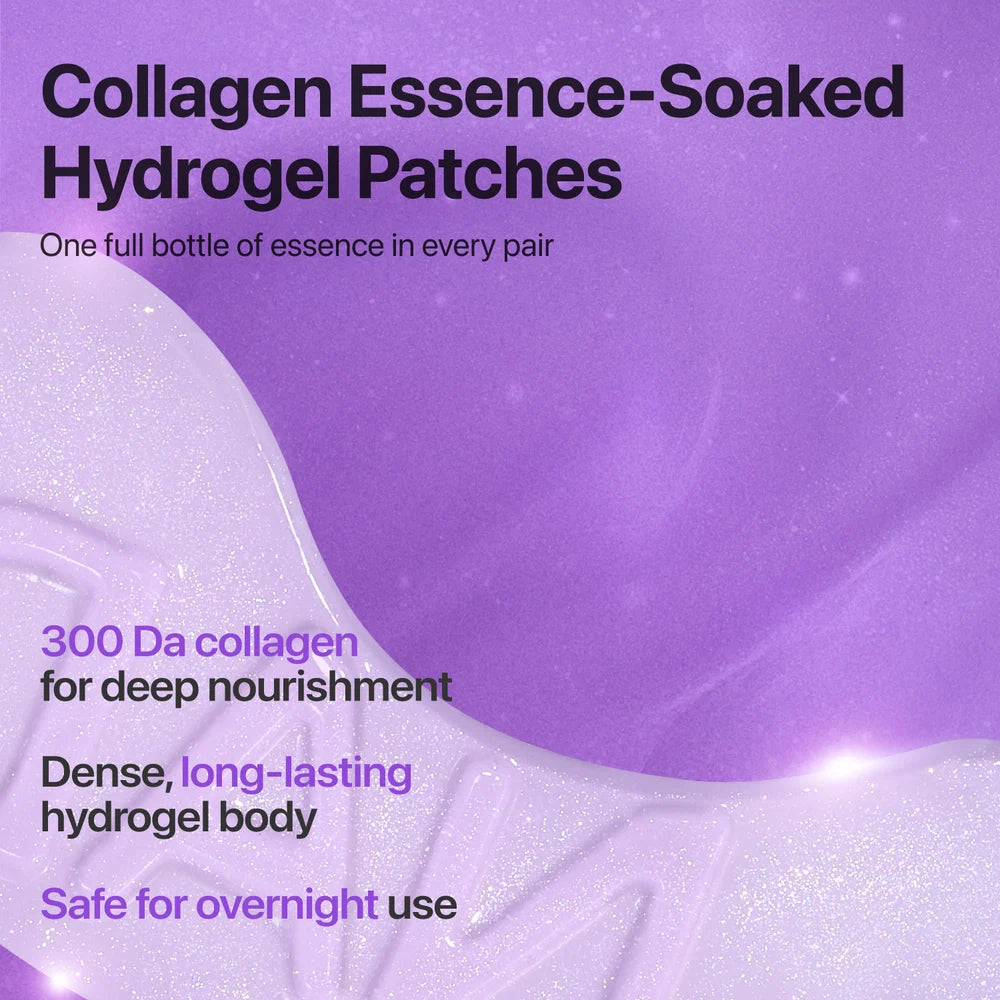 Textura em hidrogel dos patches, saturada em essência de colagénio, com longa duração e indicada para uso noturno.